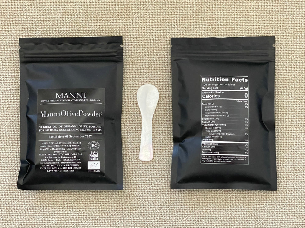 
                  
                    ManniOlivePowder® (50 gr/1,8 oz) - The skin of an olive doesn't wrinkle, why should yours?
                  
                