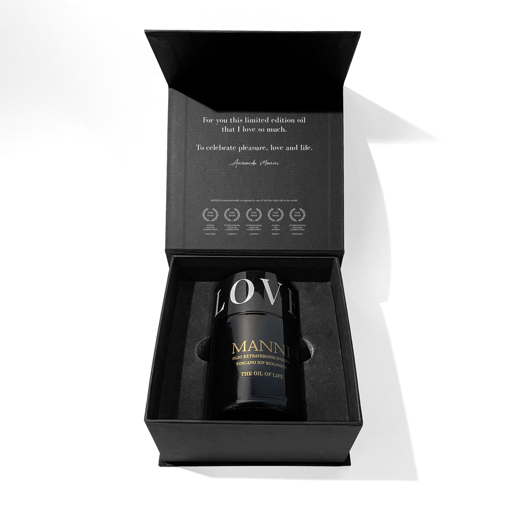 
                  
                    MANNI Luxury Box - The Oil of Life: Organic Extra Virgin Olive Oil – LOVE cap - 1 bottle 250 ML/8.5 fl oz.  Only 50 available
                  
                