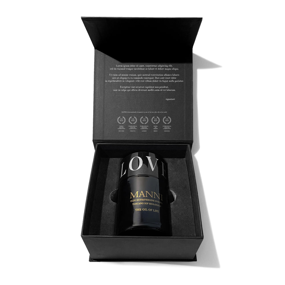 
                  
                    PERSONALIZED Luxury Box with your name and a message printed on the inside.  The Oil of Life: Organic Extra Virgin Olive Oil – LOVE cap or OLIVE cap - 1 bottle 250 ML/8.5 fl oz.
                  
                